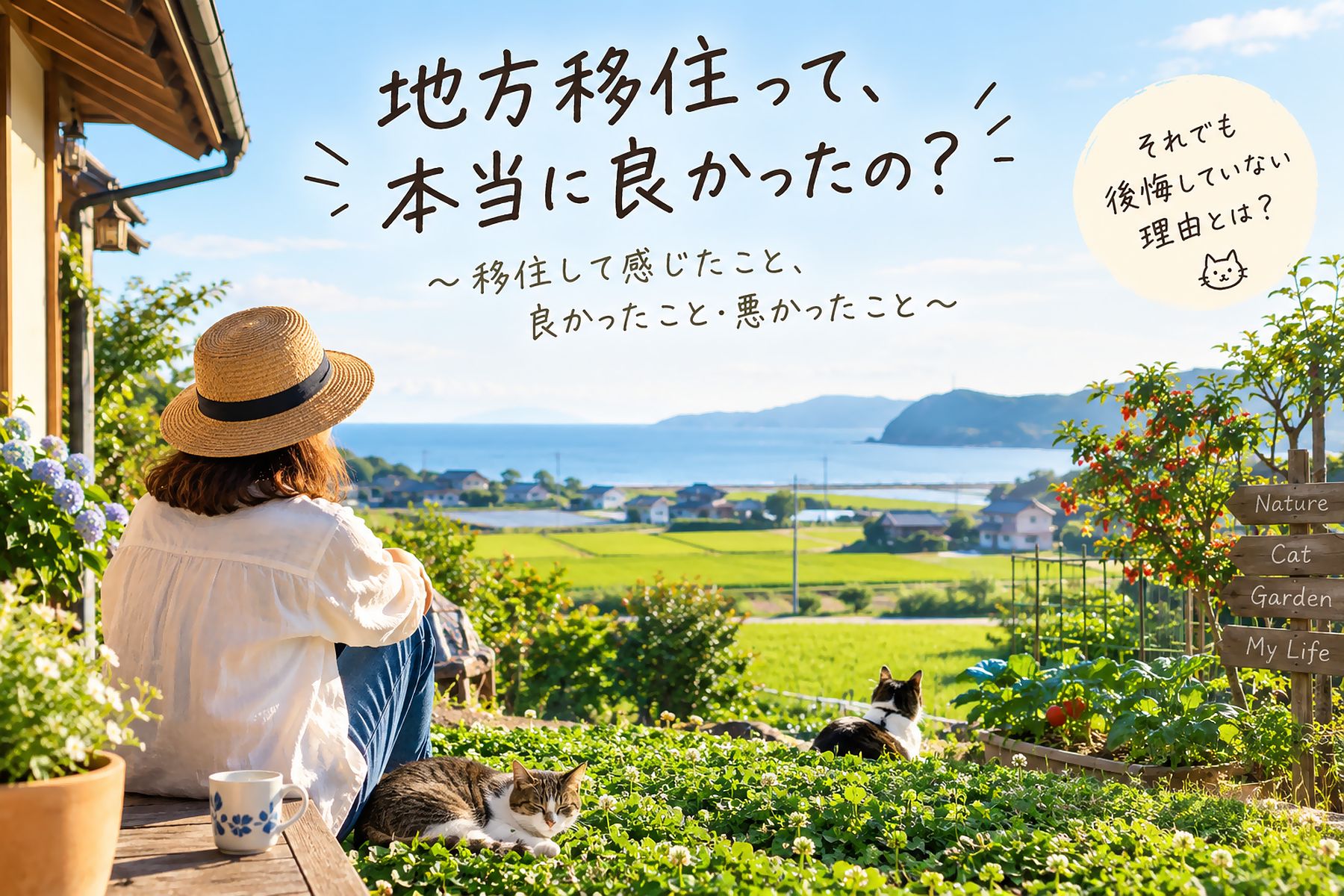移住して良かったことや悪かったことを家の庭から自然の景色を眺めつつ思いにふける女性