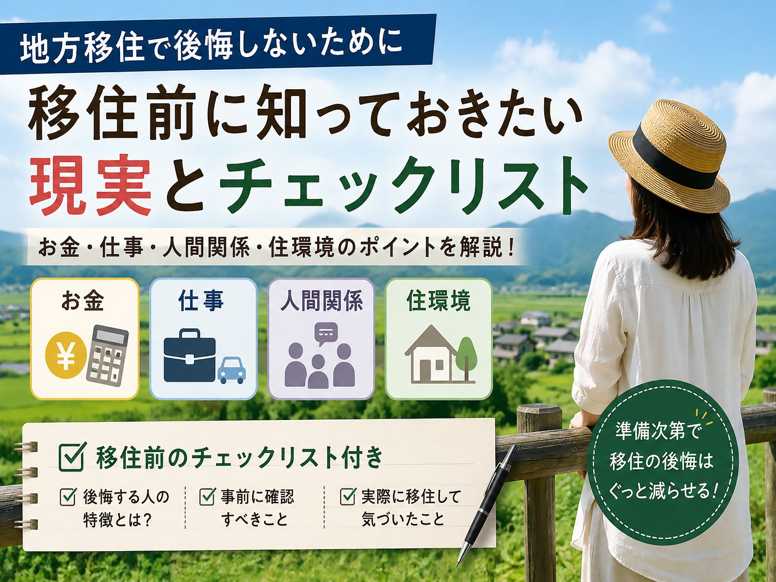 移住で後悔しないようにお金と仕事、人間関係や住環境について悩んでいる女性